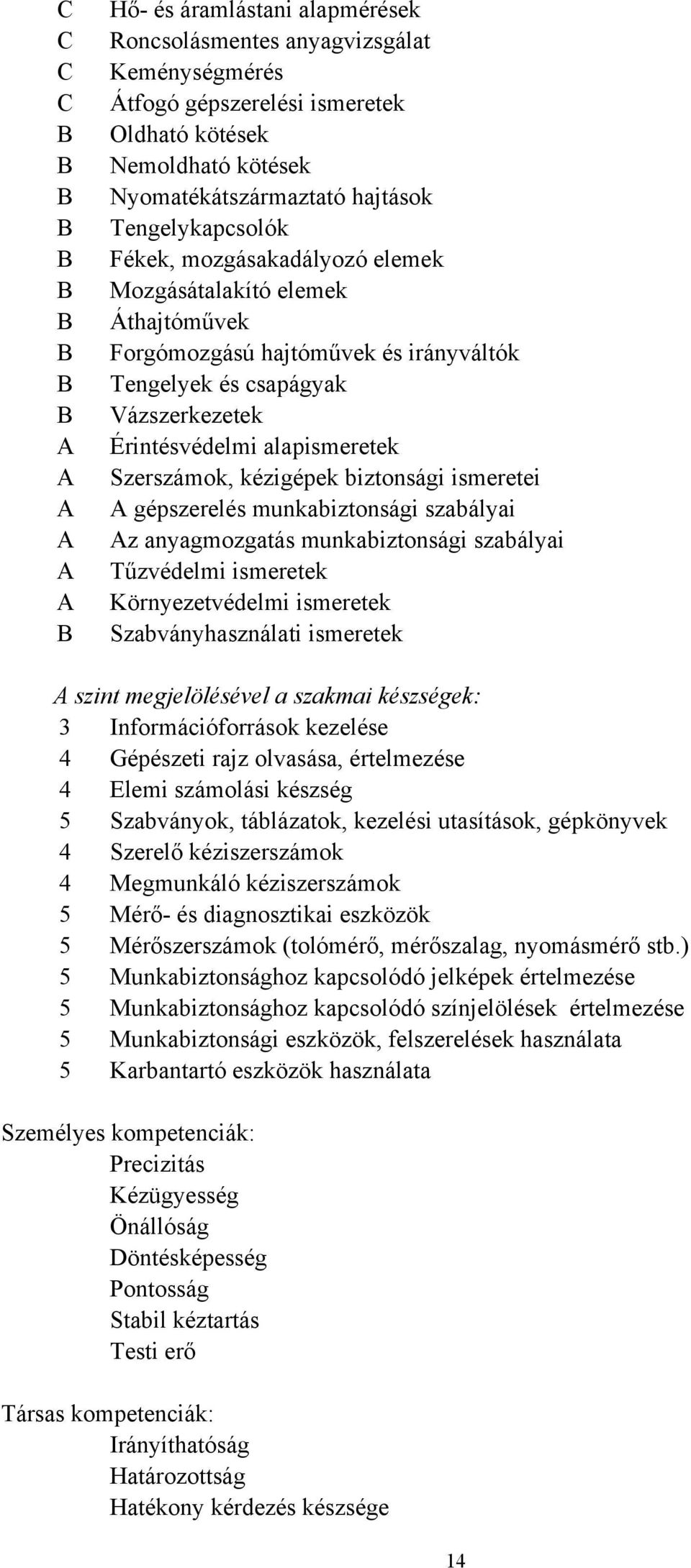 Szerszámok, kézigépek biztonsági ismeretei A gépszerelés munkabiztonsági szabályai Az anyagmozgatás munkabiztonsági szabályai Tűzvédelmi ismeretek Környezetvédelmi ismeretek Szabványhasználati