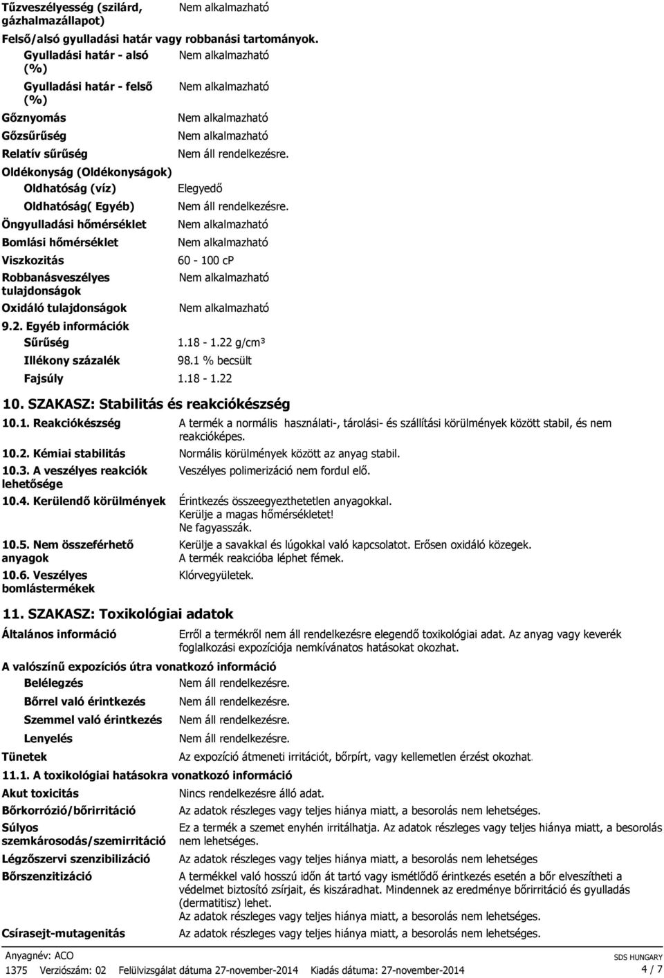 hőmérséklet Viszkozitás Robbanásveszélyes tulajdonságok Oxidáló tulajdonságok 9.2. Egyéb információk Sűrűség Illékony százalék Elegyedő 60-100 cp 1.18-1.22 g/cm³ 98.1 % becsült Fajsúly 1.18-1.22 10.