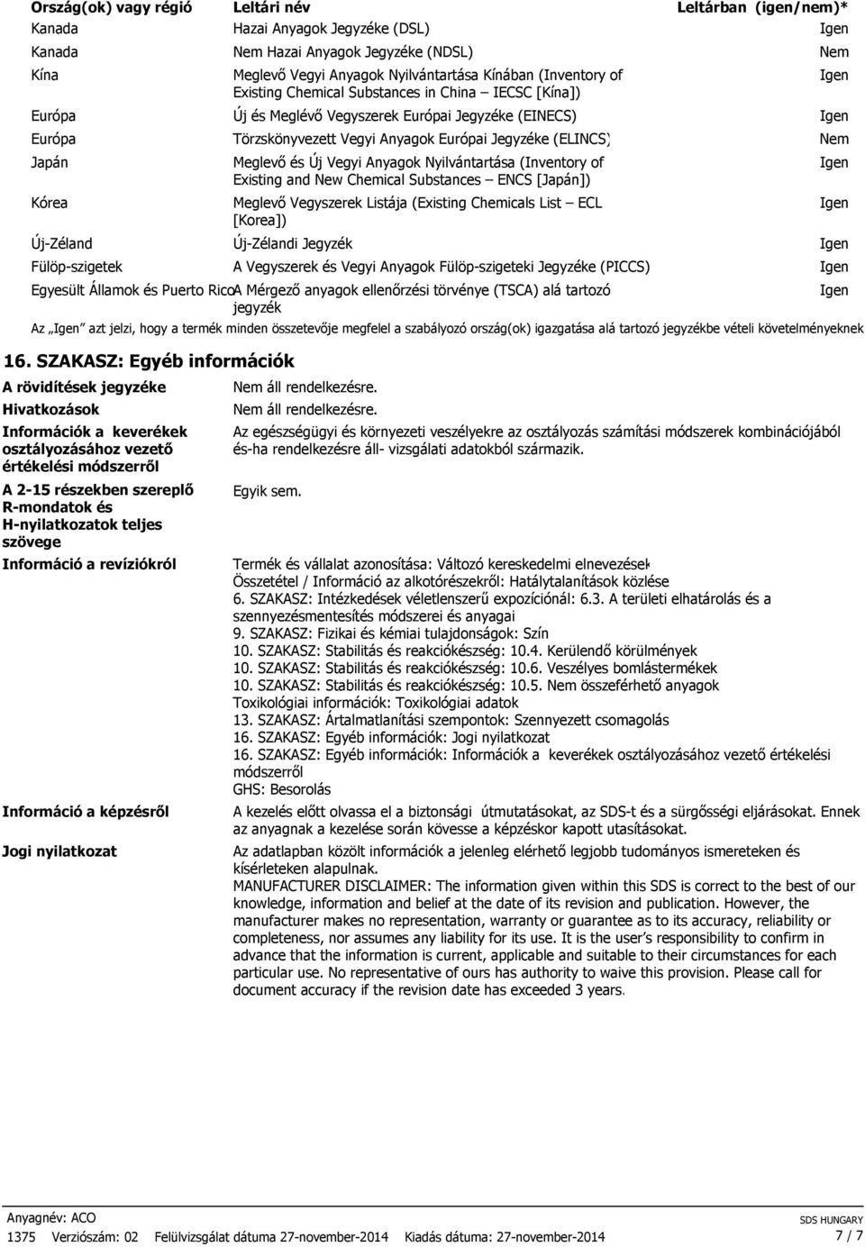 Jegyzéke (ELINCS) Meglevő és Új Vegyi Anyagok Nyilvántartása (Inventory of Existing and New Chemical Substances ENCS [Japán]) Meglevő Vegyszerek Listája (Existing Chemicals List ECL [Korea])