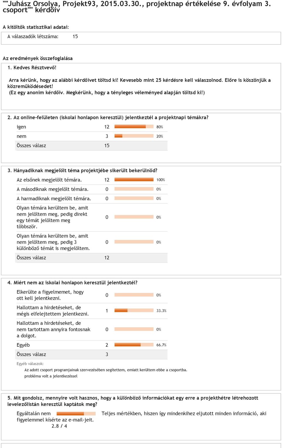 Megkérünk, hogy a tényleges véleményed alapján töltsd ki!) 2. Az online-felületen (iskolai honlapon keresztül) jelentkeztél a projektnapi témákra? igen 12 80% nem 3 20% 3.