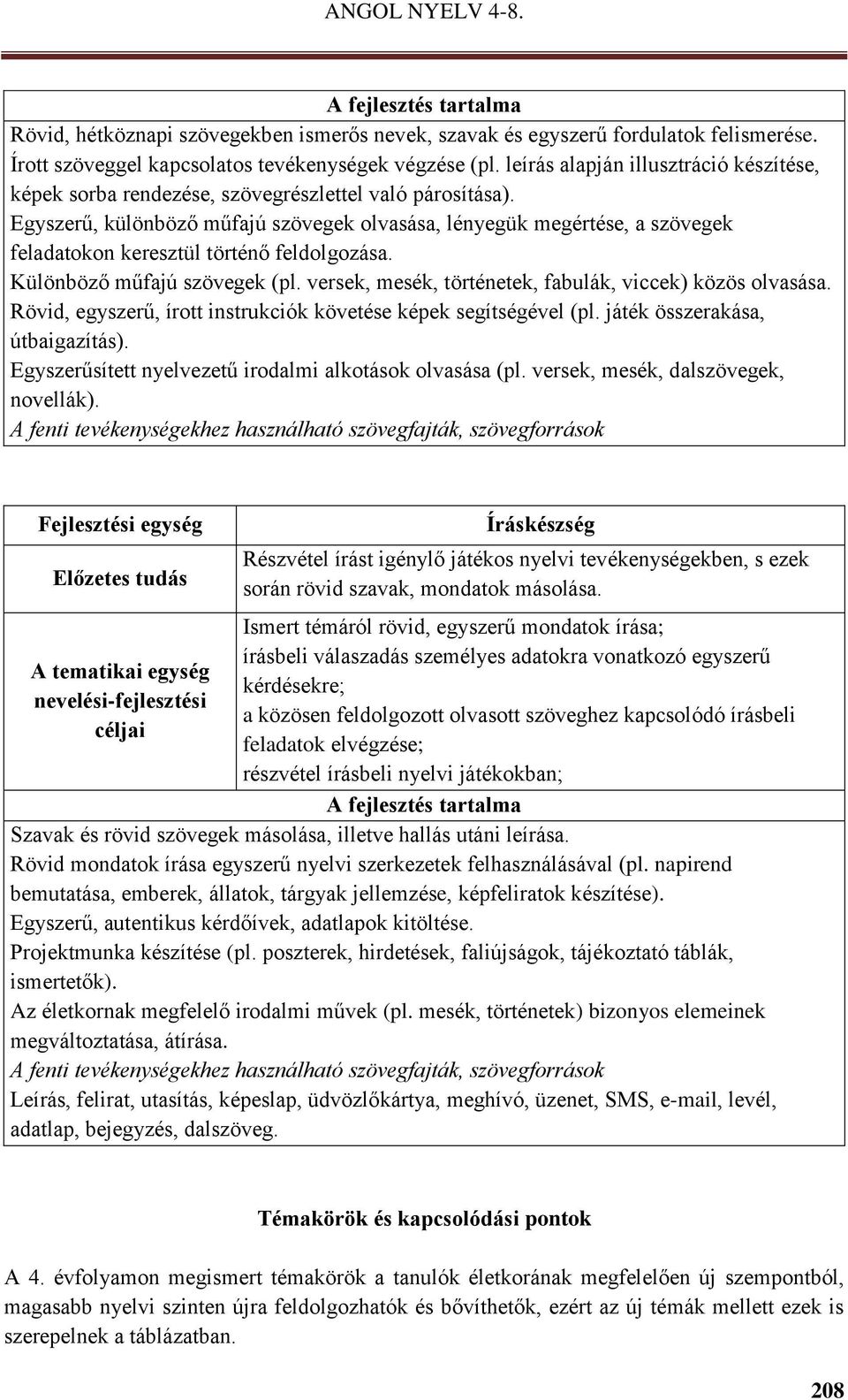 Egyszerű, különböző műfajú szövegek olvasása, lényegük megértése, a szövegek feladatokon keresztül történő feldolgozása. Különböző műfajú szövegek (pl.