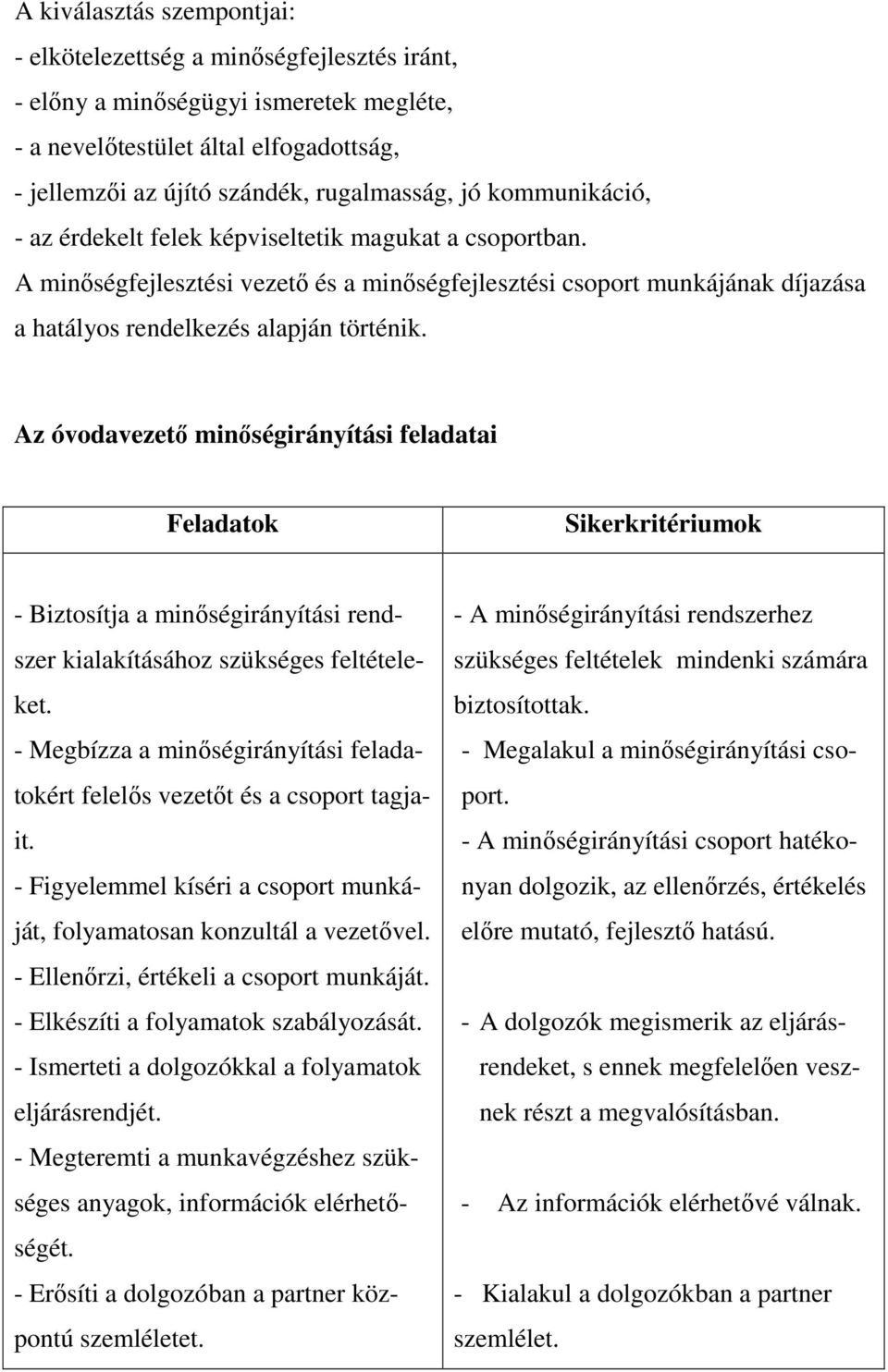 Az óvodavezető minőségirányítási feladatai Feladatok Sikerkritériumok - Biztosítja a minőségirányítási rendszer kialakításához szükséges feltételeket.