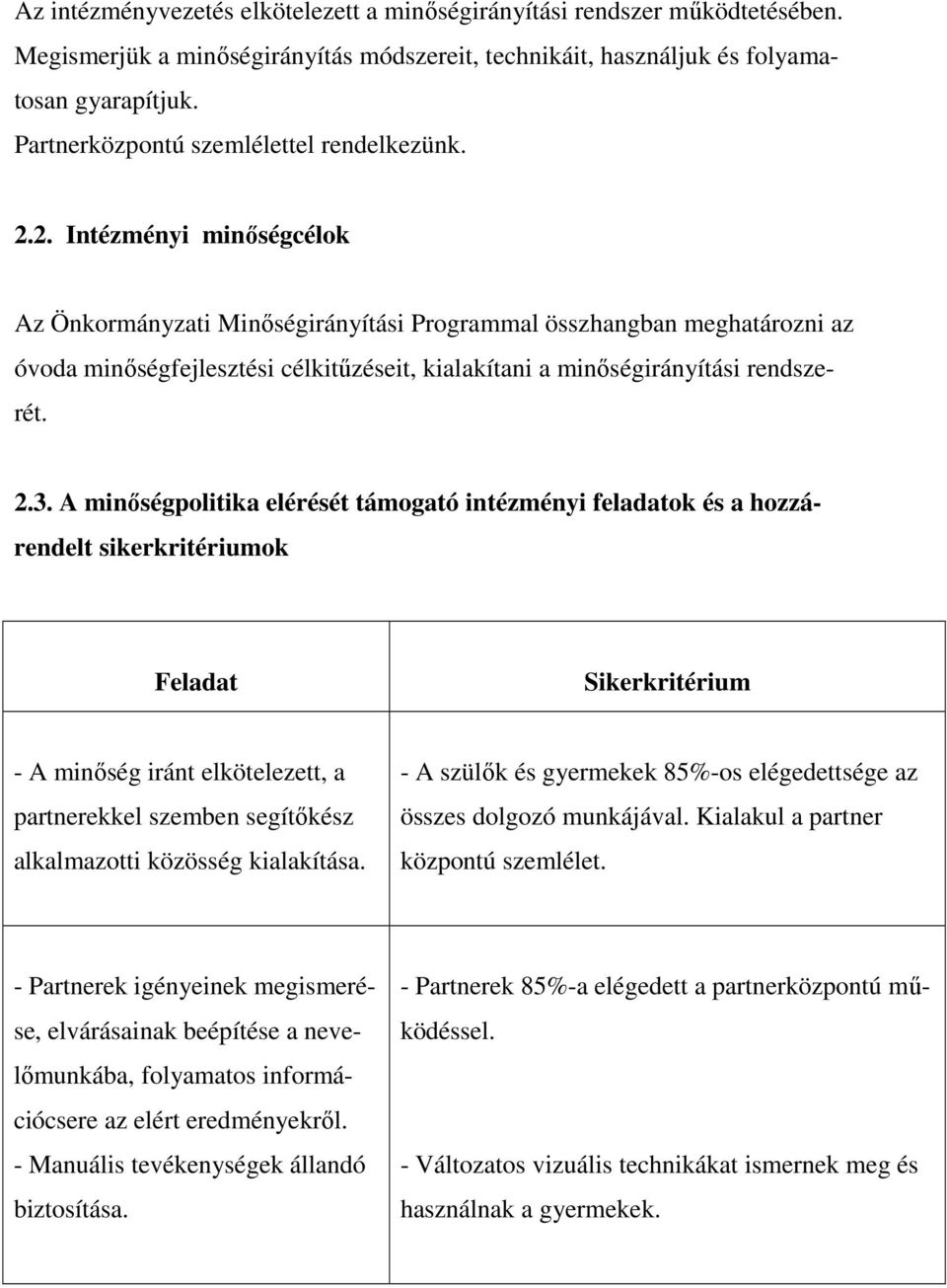 2. Intézményi minőségcélok Az Önkormányzati Minőségirányítási Programmal összhangban meghatározni az óvoda minőségfejlesztési célkitűzéseit, kialakítani a minőségirányítási rendszerét. 2.3.