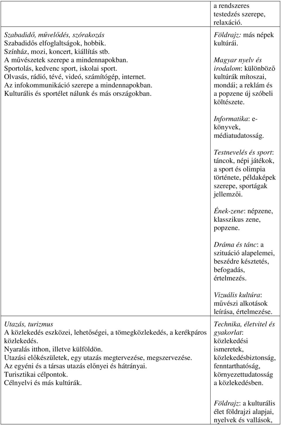 Földrajz: más népek kultúrái. Magyar nyelv és irodalom: különböző kultúrák mítoszai, mondái; a reklám és a popzene új szóbeli költészete. Informatika: e- könyvek, médiatudatosság.