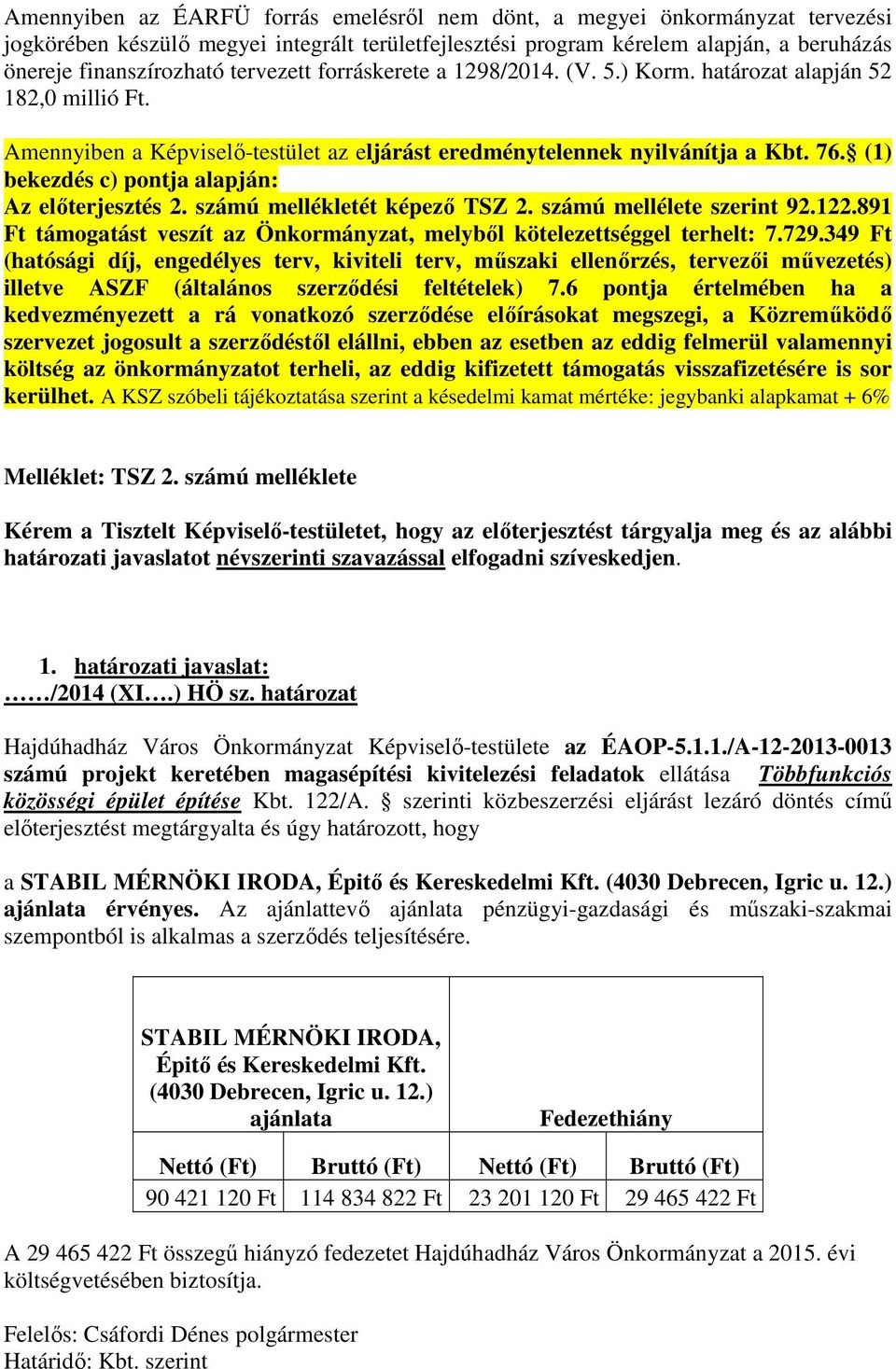 (1) bekezdés c) pontja alapján: Az előterjesztés 2. számú mellékletét képező TSZ 2. számú mellélete szerint 92.122.891 Ft támogatást veszít az Önkormányzat, melyből kötelezettséggel terhelt: 7.729.