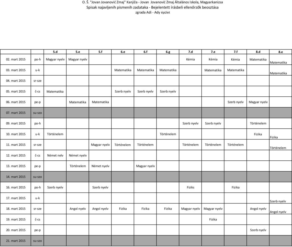 mart 2015 sr-sze Magyar nyelv Történelem Történelem Történelem Történelem Történelem Fizika Történelem 12. mart 2015 č-cs Német nelv Német nyelv 13.