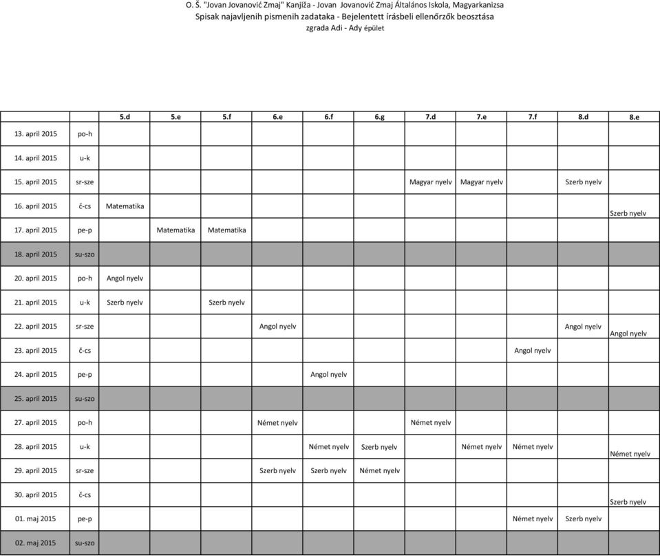 april 2015 pe-p 25. april 2015 su-szo 27. april 2015 po-h Német nyelv Német nyelv 28.