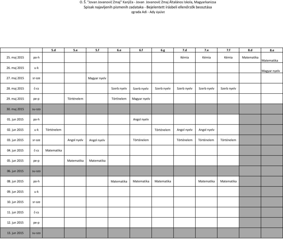 maj 2015 pe-p Történelem Törtlnelem Magyar nyelv 30. maj 2015 su-szo 01. jun 2015 po-h 02. jun 2015 u-k Történelem Történelem 03.