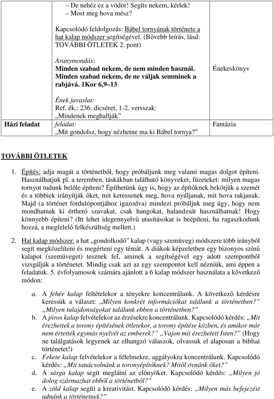 versszak: Mindenek meghallják feladat: Mit gondolsz, hogy nézhetne ma ki Bábel tornya? Énekeskönyv Fantázia TOVÁBBI ÖTLETEK 1.