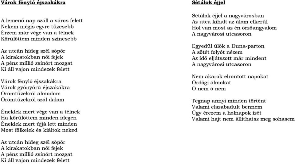 idegen Éneklek mert újjá lett minden Most fölkelek és kiáltok neked Sétálok éjjel Sétálok éjjel a nagyvárosban Az utca kihalt az álom elkerül Hol van most az én ırzıangyalom A nagyvárosi utcasoron