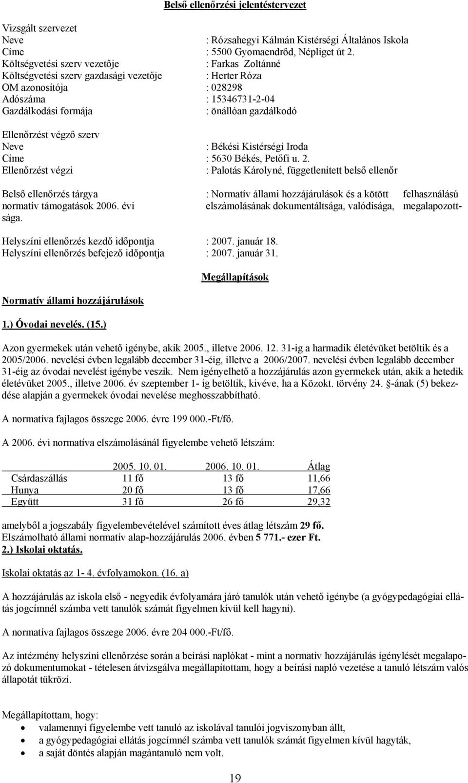 Ellenőrzést végző szerv Neve : Békési Kistérségi Iroda Címe : 5630 Békés, Petőfi u. 2.