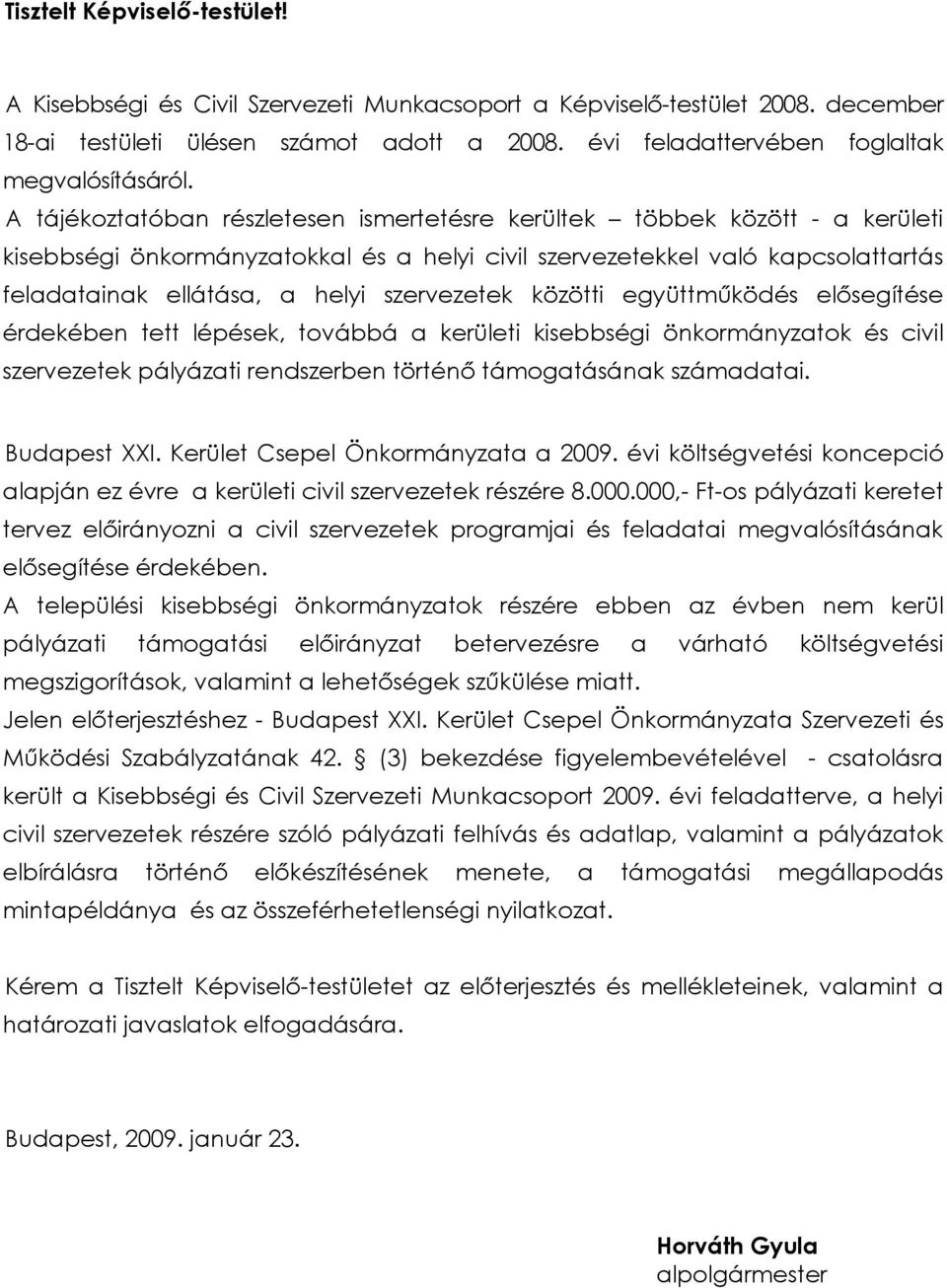 A tájékoztatóban részletesen ismertetésre kerültek többek között - a kerületi kisebbségi önkormányzatokkal és a helyi civil szervezetekkel való kapcsolattartás feladatainak ellátása, a helyi