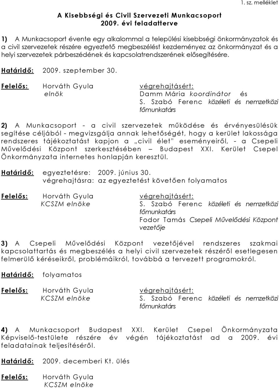 szervezetek párbeszédének és kapcsolatrendszerének elősegítésére. Határidő: 2009. szeptember 30. Felelős: Horváth Gyula végrehajtásért: elnök Damm Mária koordinátor és S.