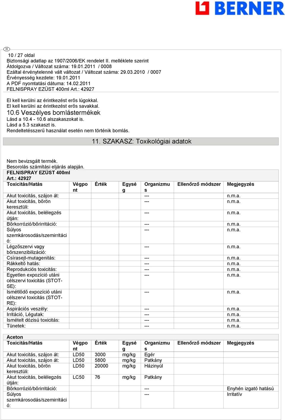 : 42927 Toxicitás/Hatás Végpo Érték Egysé Organizmu Ellenőrző módszer Megjegyzés nt g s Akut toxicitás, szájon át: --- Akut toxicitás, bőrön --- keresztüli: Akut toxicitás, belélegzés --- útján: