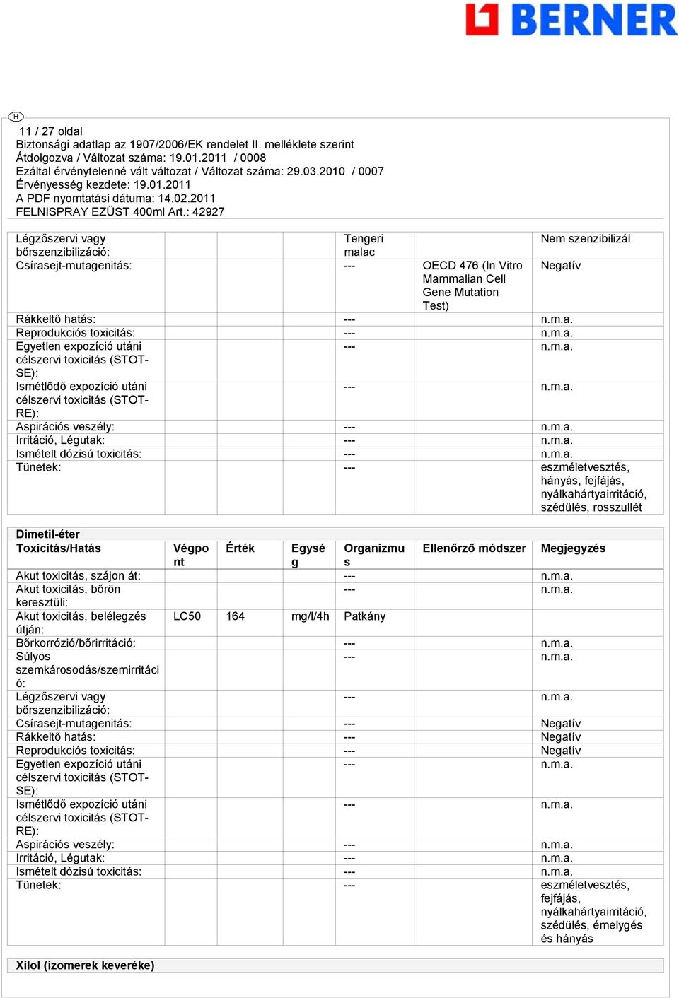 eszméletvesztés, hányás, fejfájás, nyálkahártyairritáció, szédülés, rosszullét Dimetil-éter Toxicitás/Hatás Végpo Érték Egysé Organizmu Ellenőrző módszer Megjegyzés nt g s Akut toxicitás, szájon át: