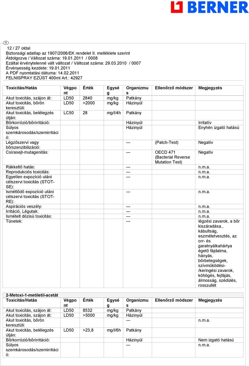 --- (Patch-Test) Negatív bőrszenzibilizáció: Csírasejt-mutagenitás: --- OECD 471 Negatív (Bacterial Reverse Mutation Test) Rákkeltő hatás: --- Reprodukciós toxicitás: --- Egyetlen expozíció utáni ---