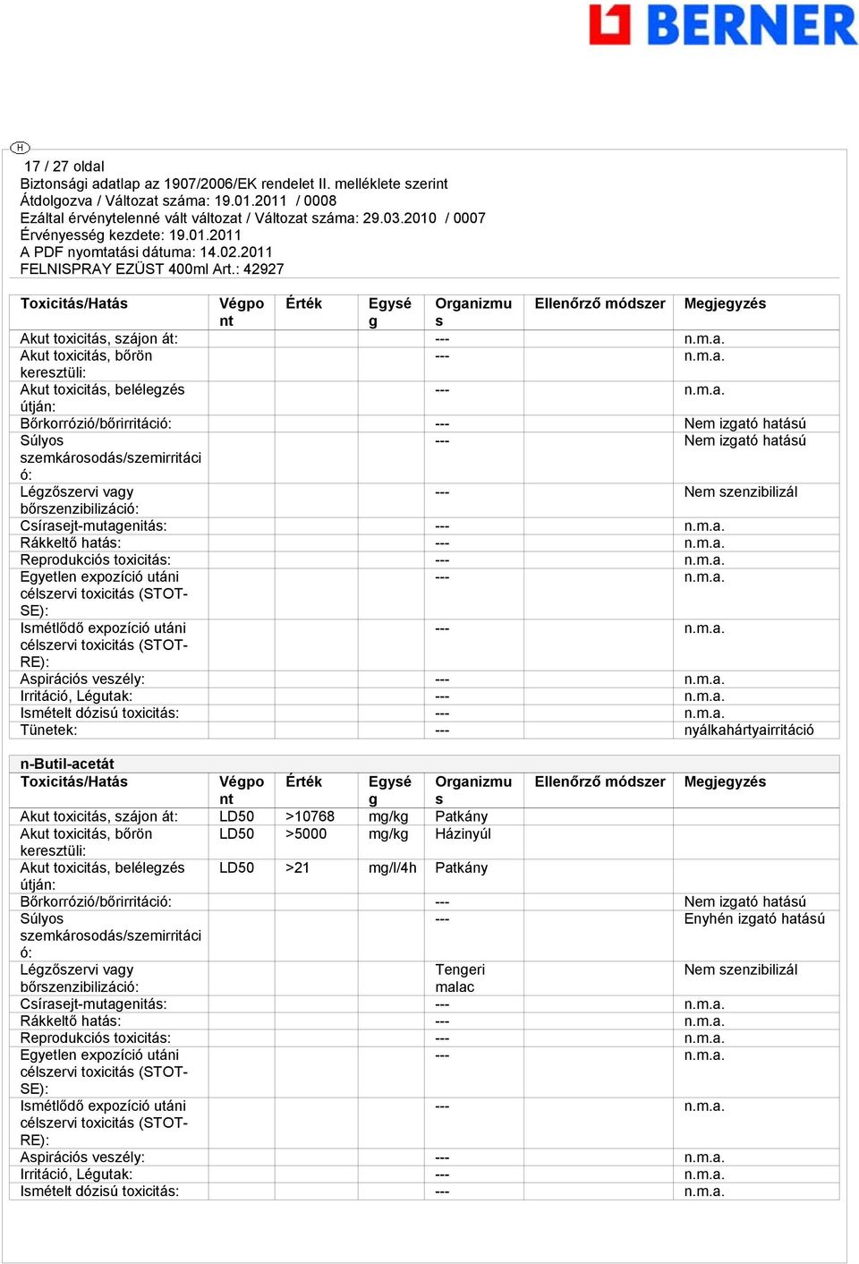 Rákkeltő hatás: --- Reprodukciós toxicitás: --- Egyetlen expozíció utáni --- SE): Ismétlődő expozíció utáni --- RE): Aspirációs veszély: --- Irritáció, Légutak: --- Ismételt dózisú toxicitás: ---