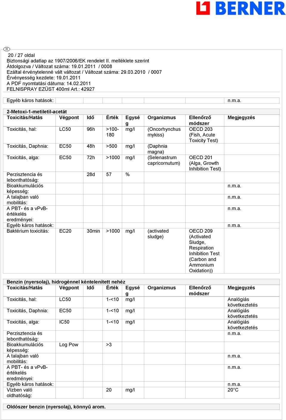 káros hatások: Baktérium toxicitás: EC20 30min >1000 mg/l (activated sludge) Ellenőrző módszer OECD 203 (Fish, Acute Toxicity Test) OECD 201 (Alga, Growth Inhibition Test) OECD 209 (Activated Sludge,