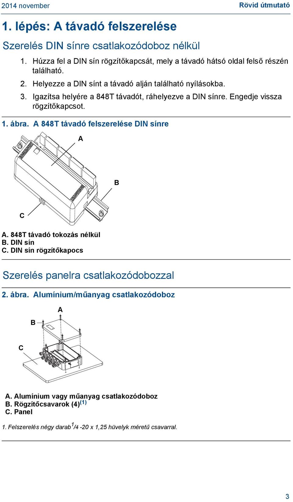 A 848T távadó felszerelése DIN sínre 848T without installed enclosure A B DIN Rail C DIN Rail Mounting Clip A. 848T távadó tokozás nélkül B. DIN sín C.