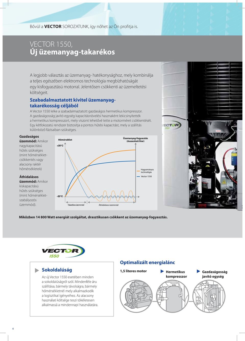 Jelentősen csökkenti az üzemeltetési költségeit. Szabadalmaztatott kivitel üzemanyagtakarékosság céljából A Vector 1550 lelke a szabadalmaztatott gazdaságos hermetikus kompresszor.