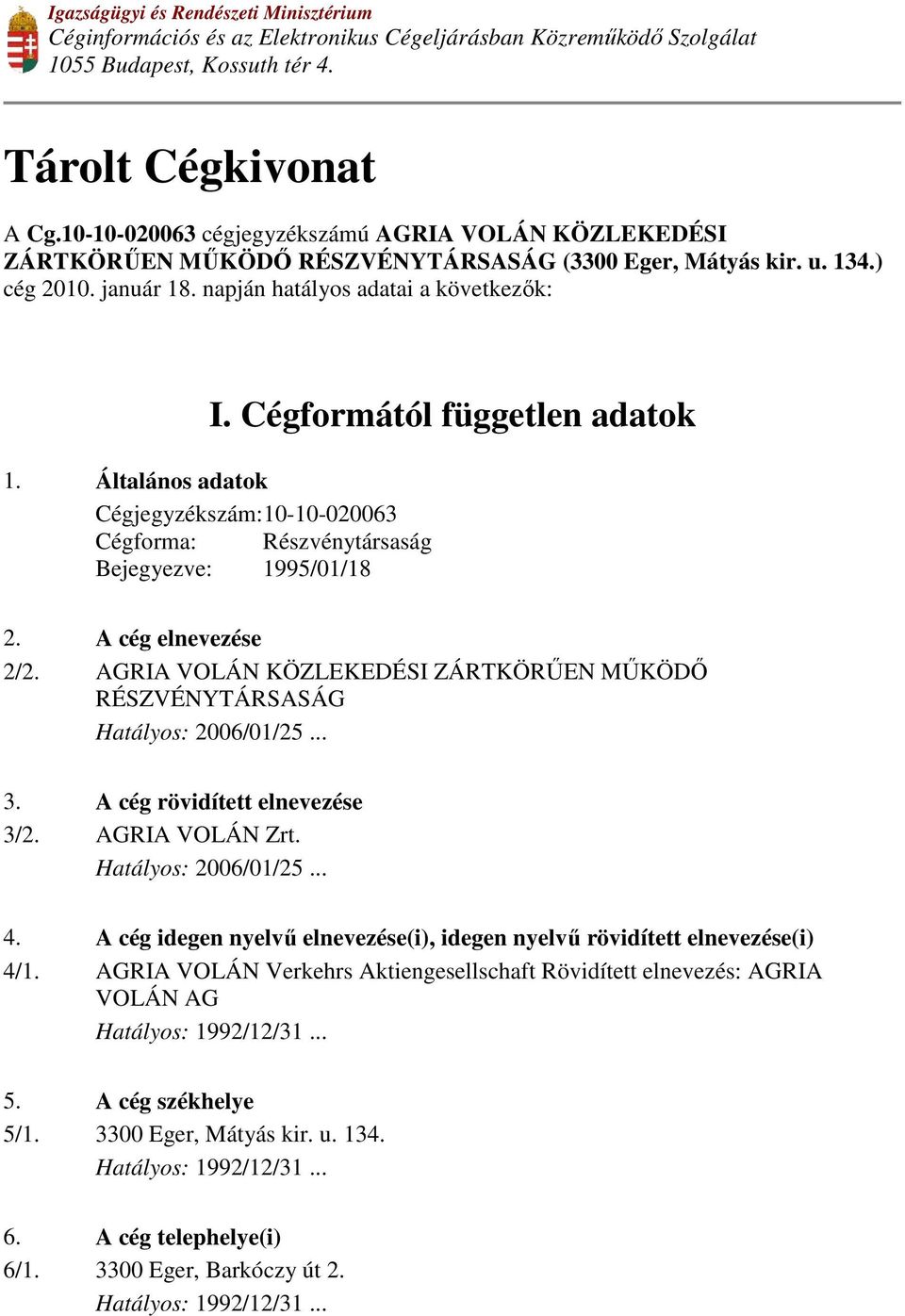 Cégformától független adatok 1. Általános adatok Cégjegyzékszám: 10-10-020063 Cégforma: Részvénytársaság Bejegyezve: 1995/01/18 2. A cég elnevezése 2/2.