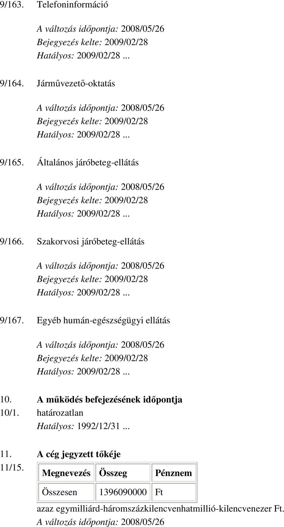 A mőködés befejezésének idıpontja 10/1. határozatlan Hatályos: 1992/12/31... 11.