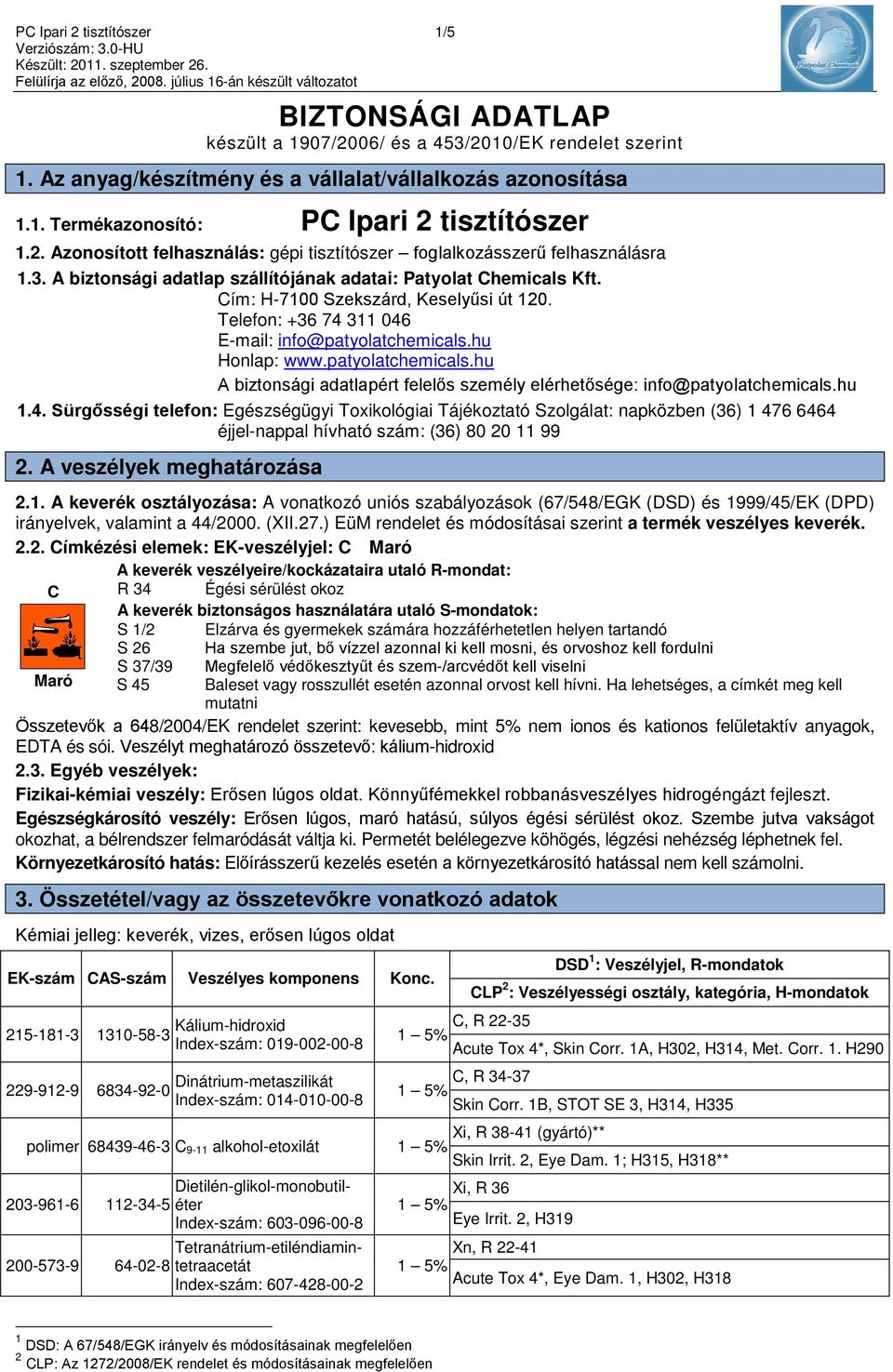 Telefon: +36 74 311 046 E-mail: info@patyolatchemicals.hu Honlap: www.patyolatchemicals.hu A biztonsági adatlapért felelős személy elérhetősége: info@patyolatchemicals.hu 1.4. Sürgősségi telefon: Egészségügyi Toxikológiai Tájékoztató Szolgálat: napközben (36) 1 476 6464 éjjel-nappal hívható szám: (36) 80 20 11 99 2.