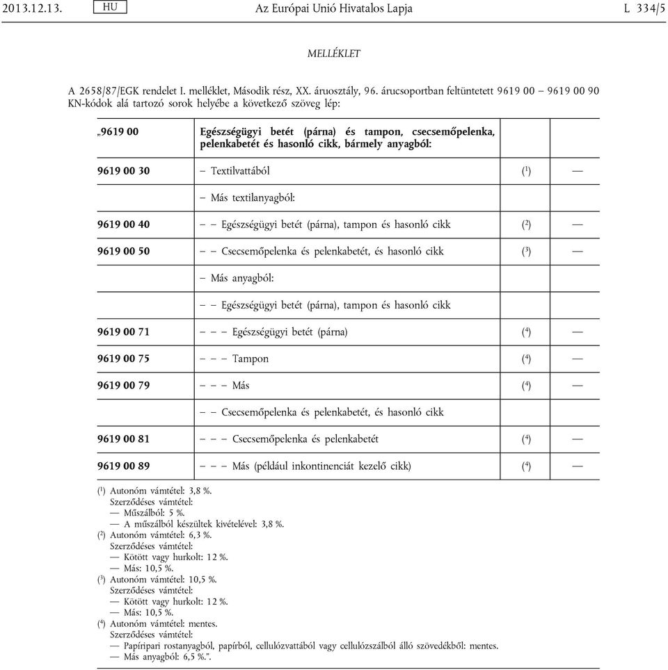 bármely anyagból: 9619 00 30 Textilvattából ( 1 ) Más textilanyagból: 9619 00 40 Egészségügyi betét (párna), tampon és hasonló cikk ( 2 ) 9619 00 50 Csecsemőpelenka és pelenkabetét, és hasonló cikk (