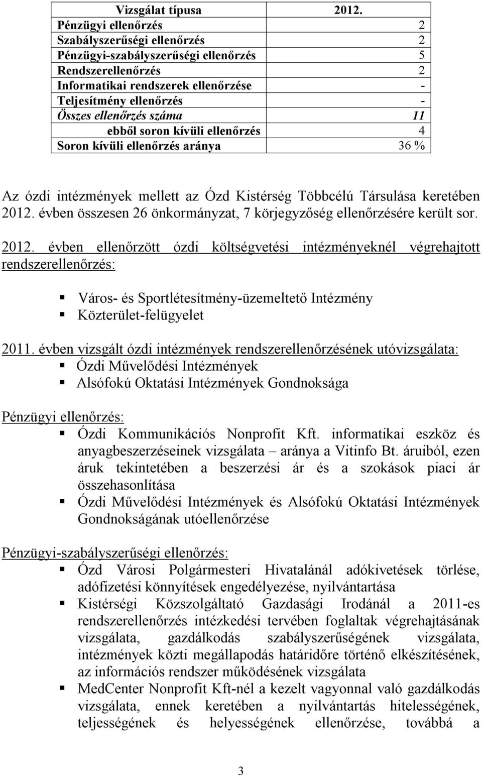 11 ebből soron kívüli ellenőrzés 4 Soron kívüli ellenőrzés aránya 36 % Az ózdi intézmények mellett az Ózd Kistérség Többcélú Társulása keretében 2012.