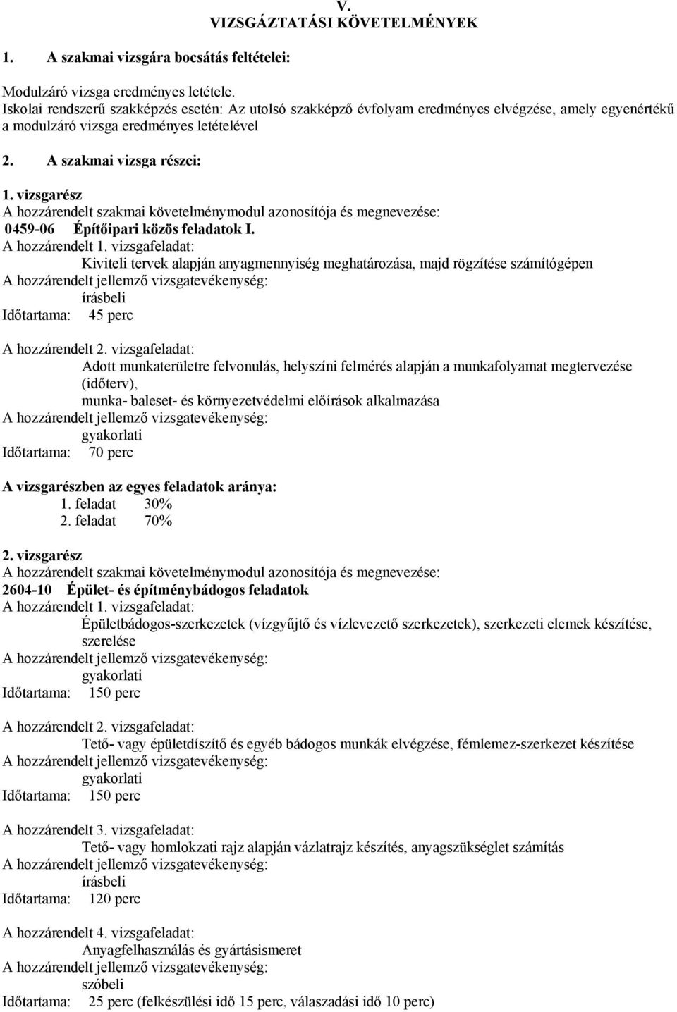 vizsgarész A hozzárendelt szakmai követelménymodul azonosítója és megnevezése: 0459-06 Építőipari közös feladatok I. A hozzárendelt 1.