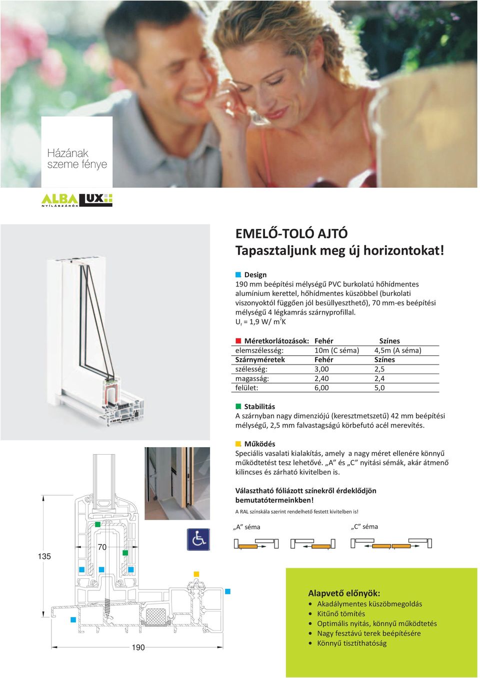 szárnyprofillal. U = 1,9 W/ m K f. Méretkorlátozások: Fehér Színes elemszélesség: 10m (C séma) 4,5m (A séma) Szárnyméretek Fehér Színes szélesség: 3,00,5 magasság:,40,4 felület: 6,00 5,0 3.