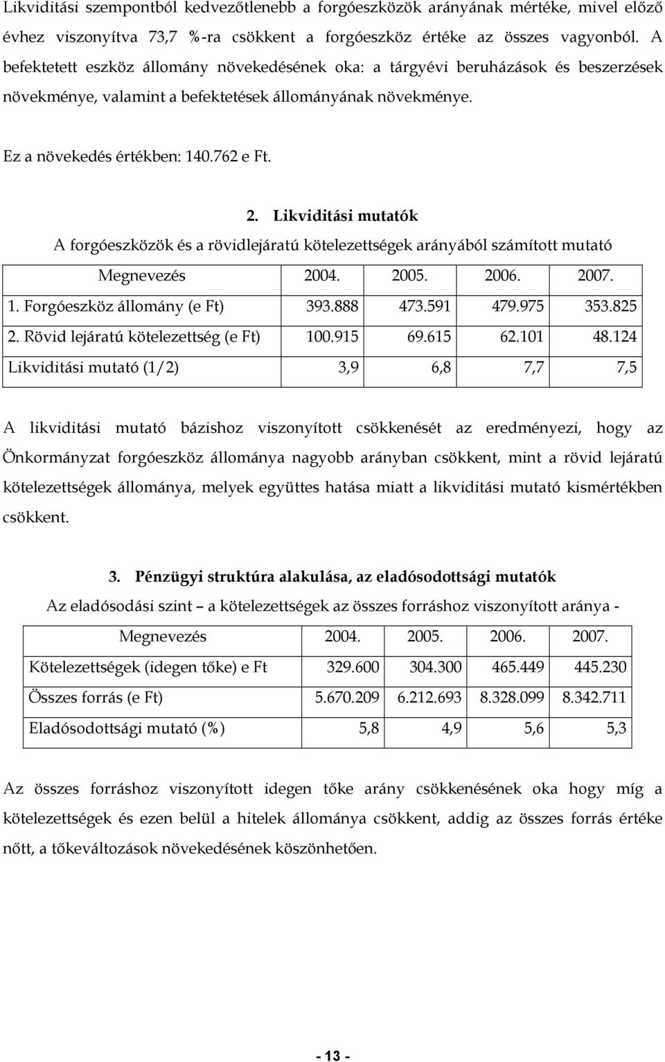 Likviditási mutatók A forgóeszközök és a rövidlejáratú kötelezettségek arányából számított mutató Megnevezés 2004. 2005. 2006. 2007. 1. Forgóeszköz állomány (e Ft) 393.888 473.591 479.975 353.825 2.