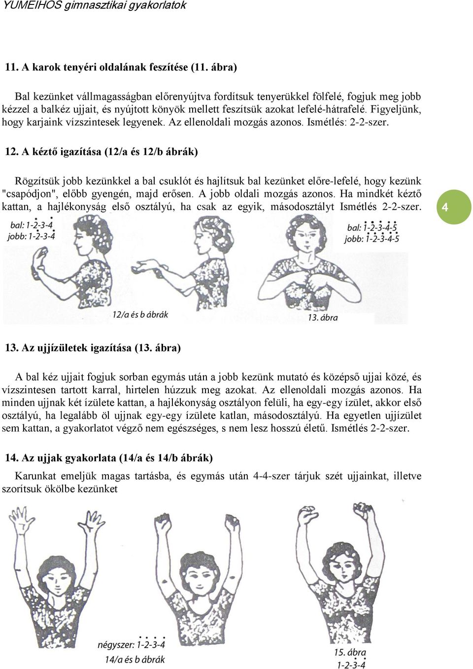 Figyeljünk, hogy karjaink vízszintesek legyenek. Az ellenoldali mozgás azonos. Ismétlés: 2-2-szer. 12.