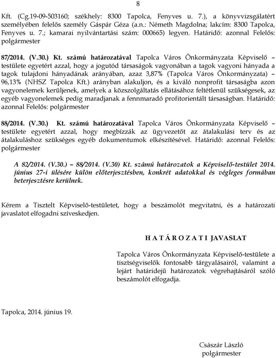 számú határozatával Tapolca Város Önkormányzata Képviselő testülete egyetért azzal, hogy a jogutód társaságok vagyonában a tagok vagyoni hányada a tagok tulajdoni hányadának arányában, azaz 3,87%