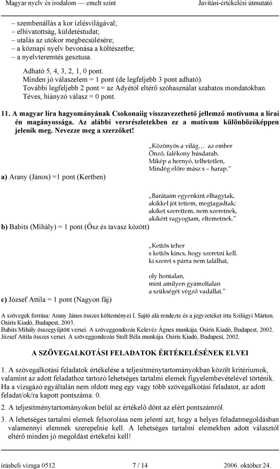 A magyar líra hagyományának Csokonaiig visszavezethető jellemző motívuma a lírai én magányossága. Az alábbi versrészletekben ez a motívum különbözőképpen jelenik meg. Nevezze meg a szerzőket!