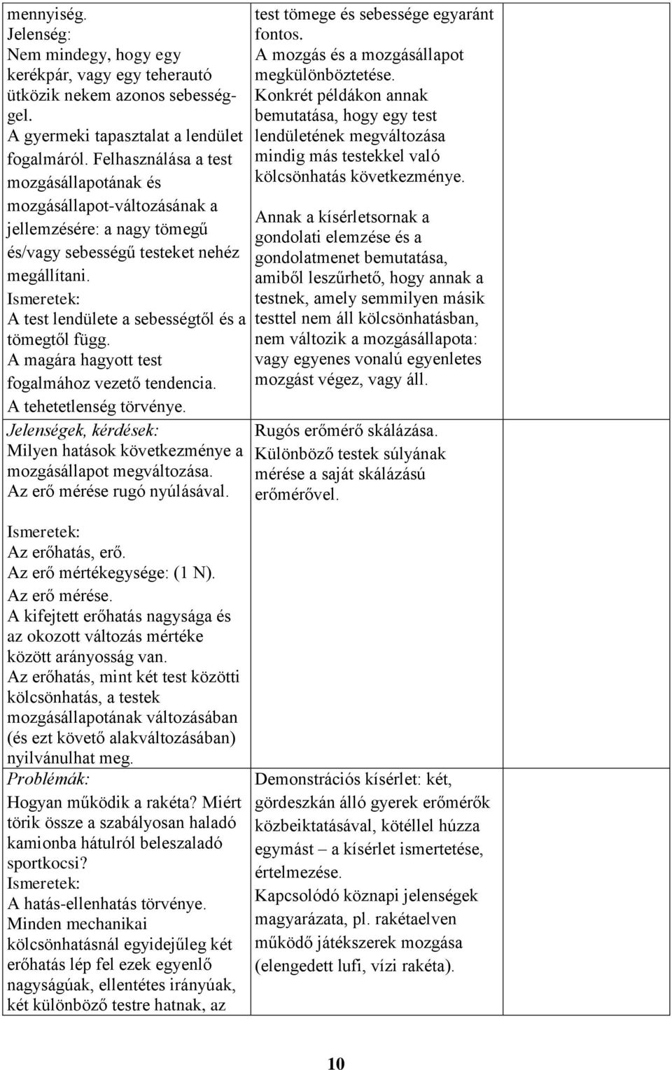 A magára hagyott test fogalmához vezető tendencia. A tehetetlenség törvénye. Jelenségek, kérdések: Milyen hatások következménye a mozgásállapot megváltozása. Az erő mérése rugó nyúlásával.