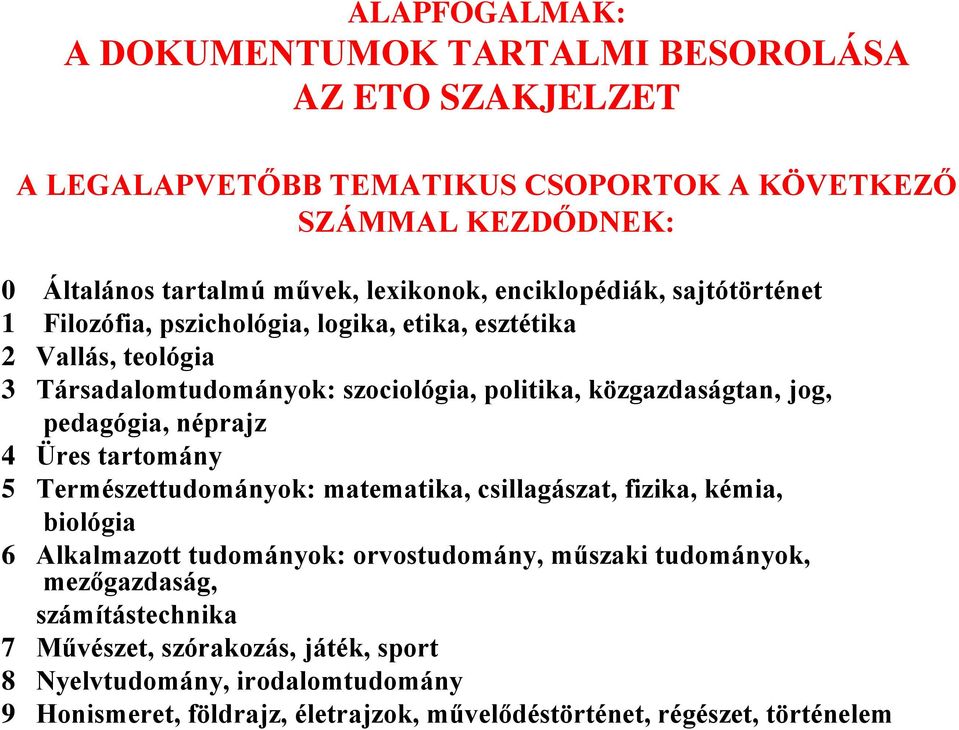 közgazdaságtan, jog, pedagógia, néprajz 4 Üres tartomány 5 Természettudományok: matematika, csillagászat, fizika, kémia, biológia 6 Alkalmazott tudományok: orvostudomány,