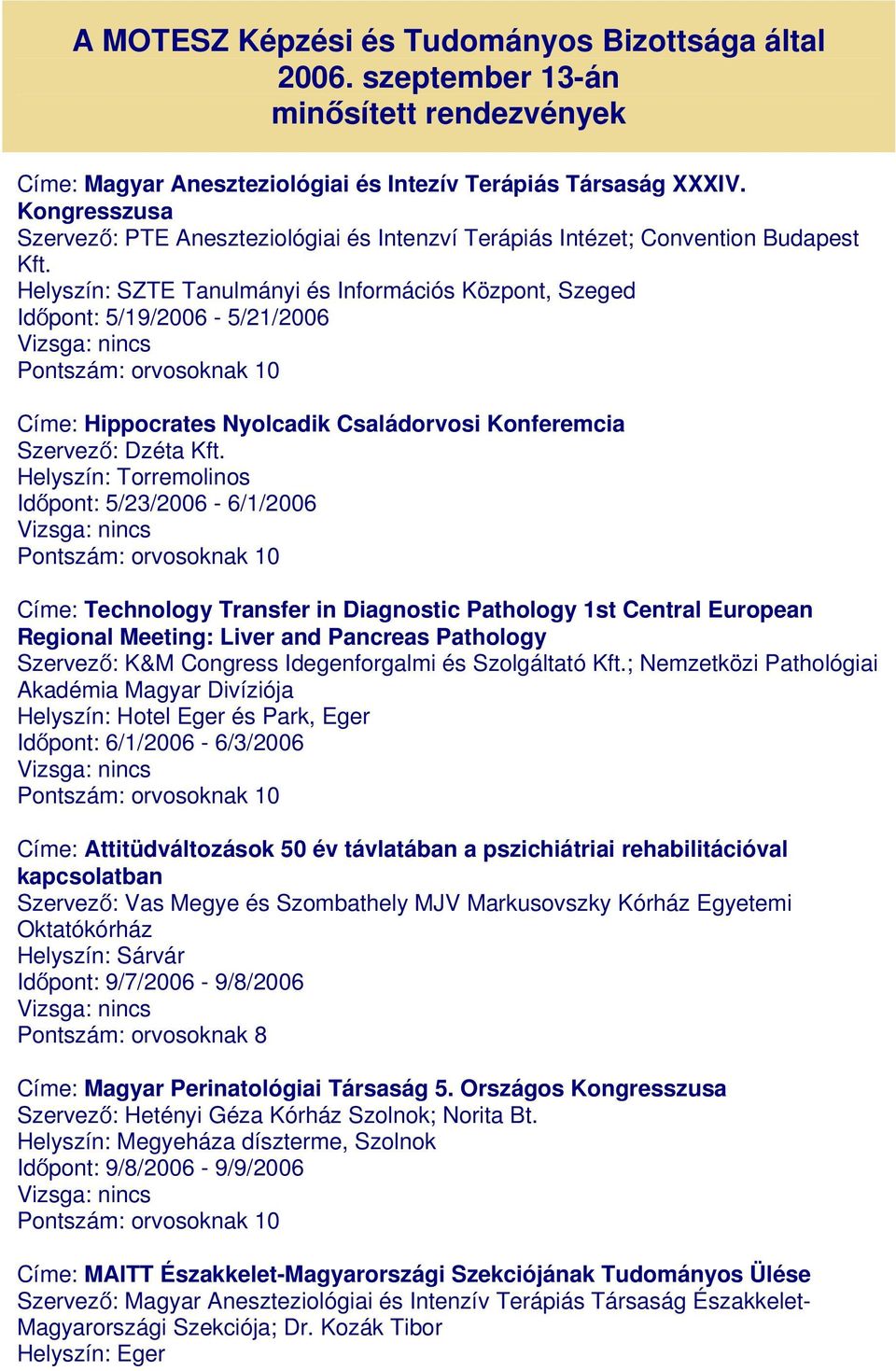 Helyszín: SZTE Tanulmányi és Információs Központ, Szeged Időpont: 5/19/2006-5/21/2006 Címe: Hippocrates Nyolcadik Családorvosi Konferemcia Szervező: Dzéta Kft.