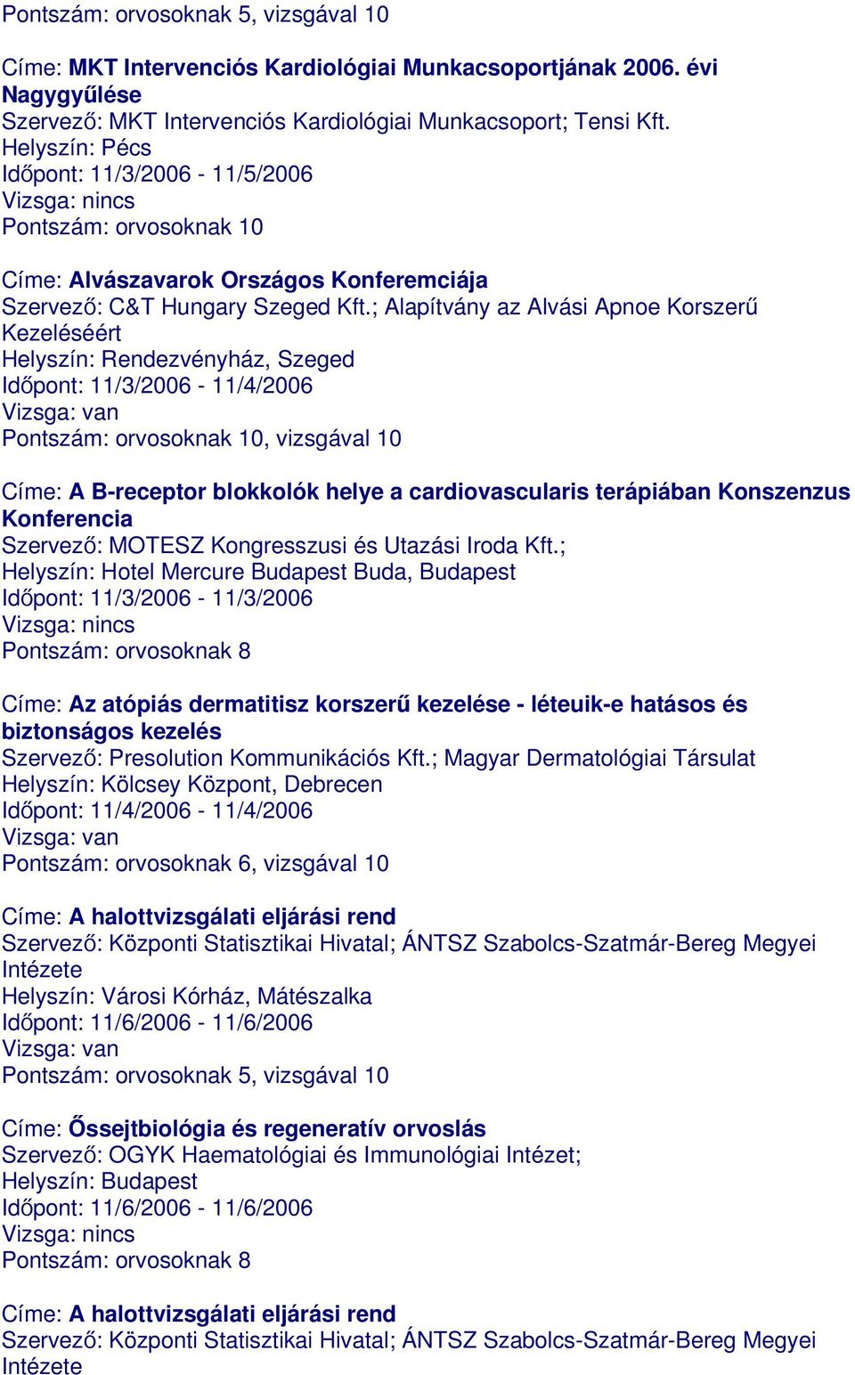 ; Alapítvány az Alvási Apnoe Korszerű Kezeléséért Helyszín: Rendezvényház, Szeged Időpont: 11/3/2006-11/4/2006, vizsgával 10 Címe: A B-receptor blokkolók helye a cardiovascularis terápiában