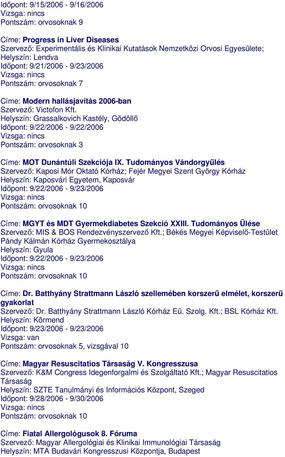 Helyszín: Grassalkovich Kastély, Gödöllő Időpont: 9/22/2006-9/22/2006 Pontszám: orvosoknak 3 Címe: MOT Dunántúli Szekciója IX.