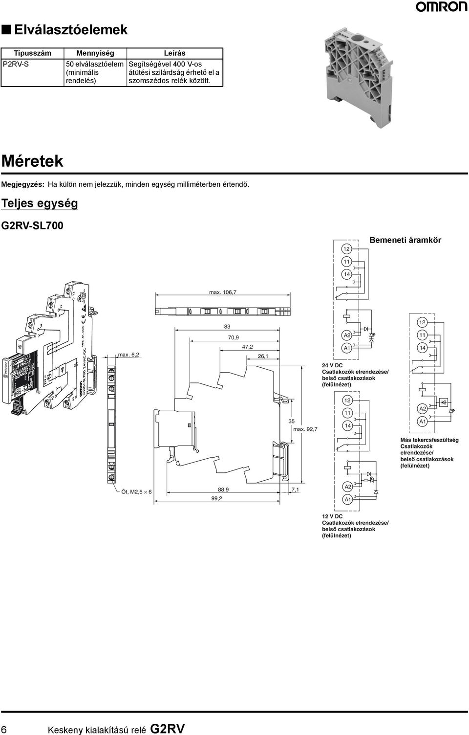 Teljes egység G2RV-SL700 Bemeneti áramkör max. 106,7 83 70,9 max. 6,2 47,2 26,1 24 V DC Csatlakozók elrendezése/ (felülnézet) 35 max.