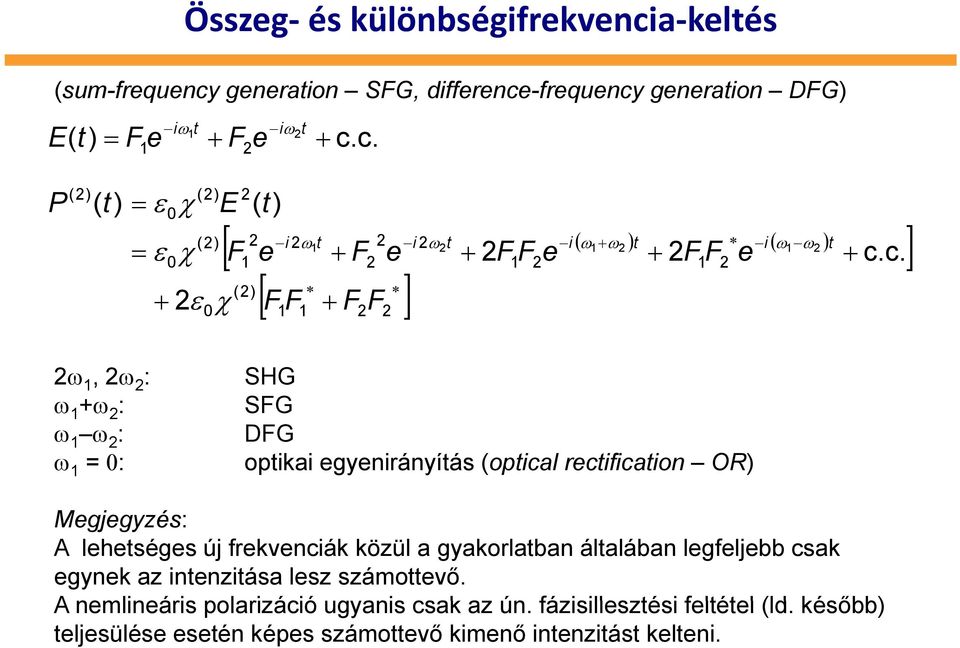 c. χ 1 () [ ] F F + F F 1 1 1 1 ω 1, ω : ω 1 +ω : ω 1 ω : ω 1 = : SHG SFG DFG optikai egyenirányítás (optical rectification OR) Megjegyzés: A lehetséges új