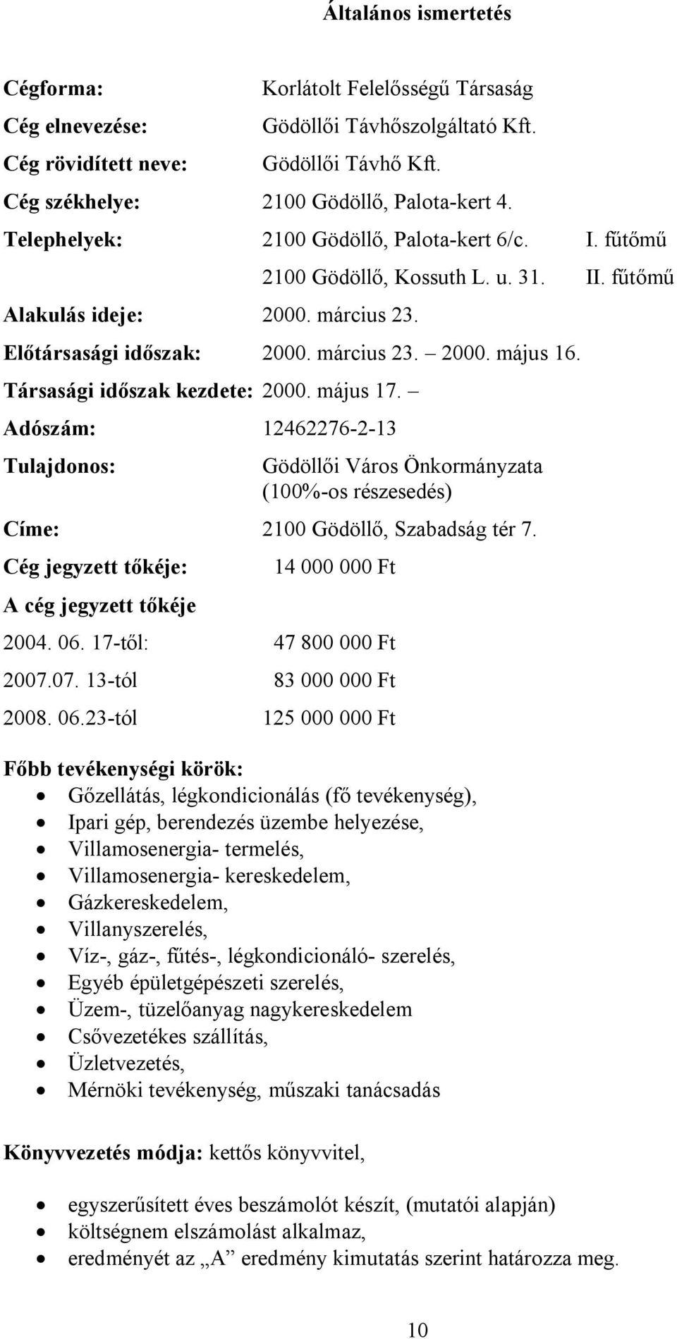 Társasági időszak kezdete: 2000. május 17. Adószám: 12462276-2-13 Tulajdonos: Gödöllői Város Önkormányzata (100%-os részesedés) Címe: 2100 Gödöllő, Szabadság tér 7.