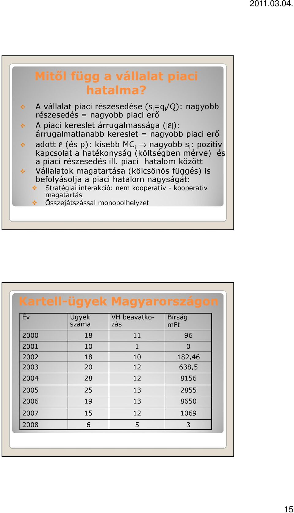 kisebb MC i nagyobb s i : pozitív kapcsolat a hatékonyság (költségben mérve) és a piaci részesedés ill.