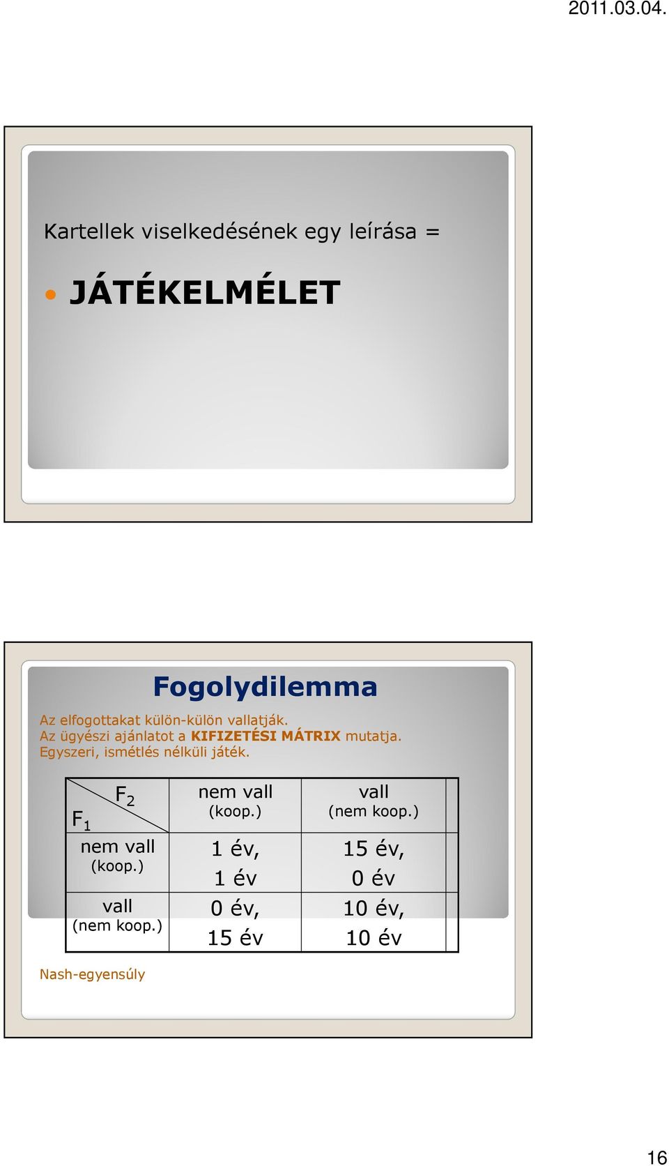 Egyszeri, ismétlés nélküli játék. F 1 F 2 nem vall (koop.) vall (nem koop.