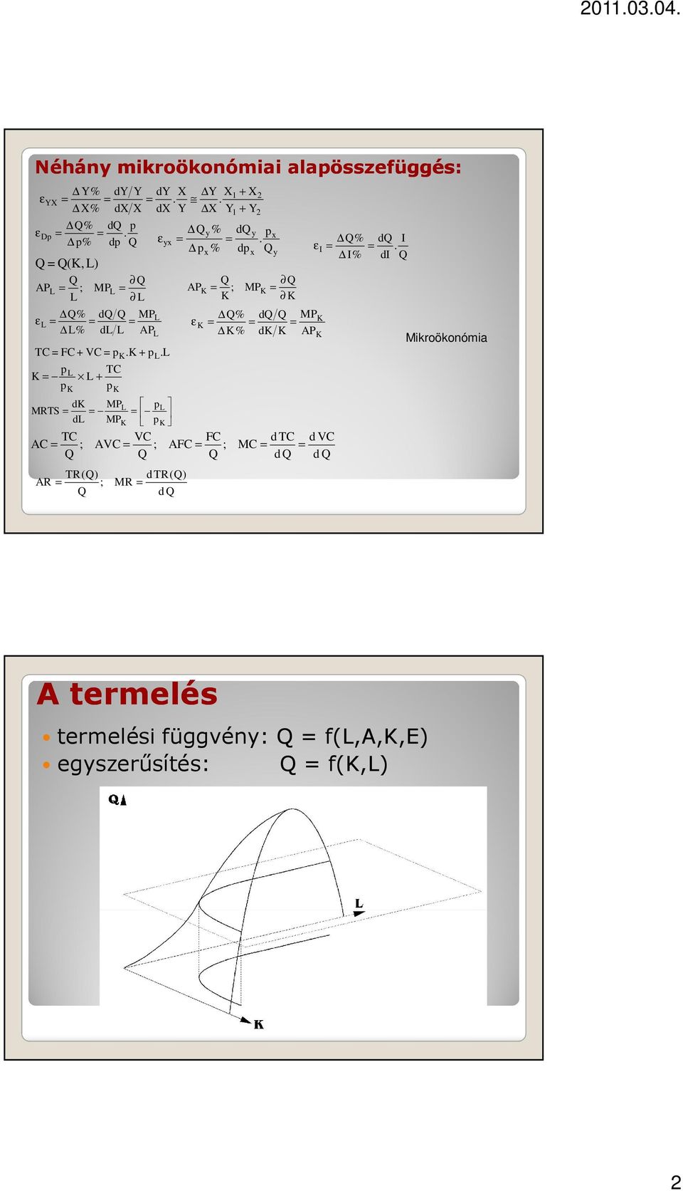 p % dp AP ε K x K = ; K 1 x 2 2 y MPK = K % d MP = = = K% dk K AP % ε = I% TC = FC + VC = pk.k + pl.