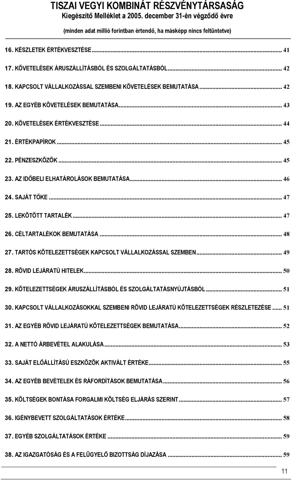 CÉLTARTALÉKOK BEMUTATÁSA... 48 27. TARTÓS KÖTELEZETTSÉGEK KAPCSOLT VÁLLALKOZÁSSAL SZEMBEN... 49 28. RÖVID LEJÁRATÚ HITELEK... 50 29. KÖTELEZETTSÉGEK ÁRUSZÁLLÍTÁSBÓL ÉS SZOLGÁLTATÁSNYÚJTÁSBÓL... 51 30.