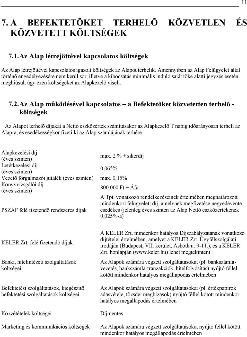 7.2.Az Alap mûködésével kapcsolatos a Befektetõket közvetetten terhelõ - költségek Az Alapot terhelõ díjakat a Nettó eszközérték számításakor az Alapkezelõ T napig idõarányosan terheli az Alapra, és