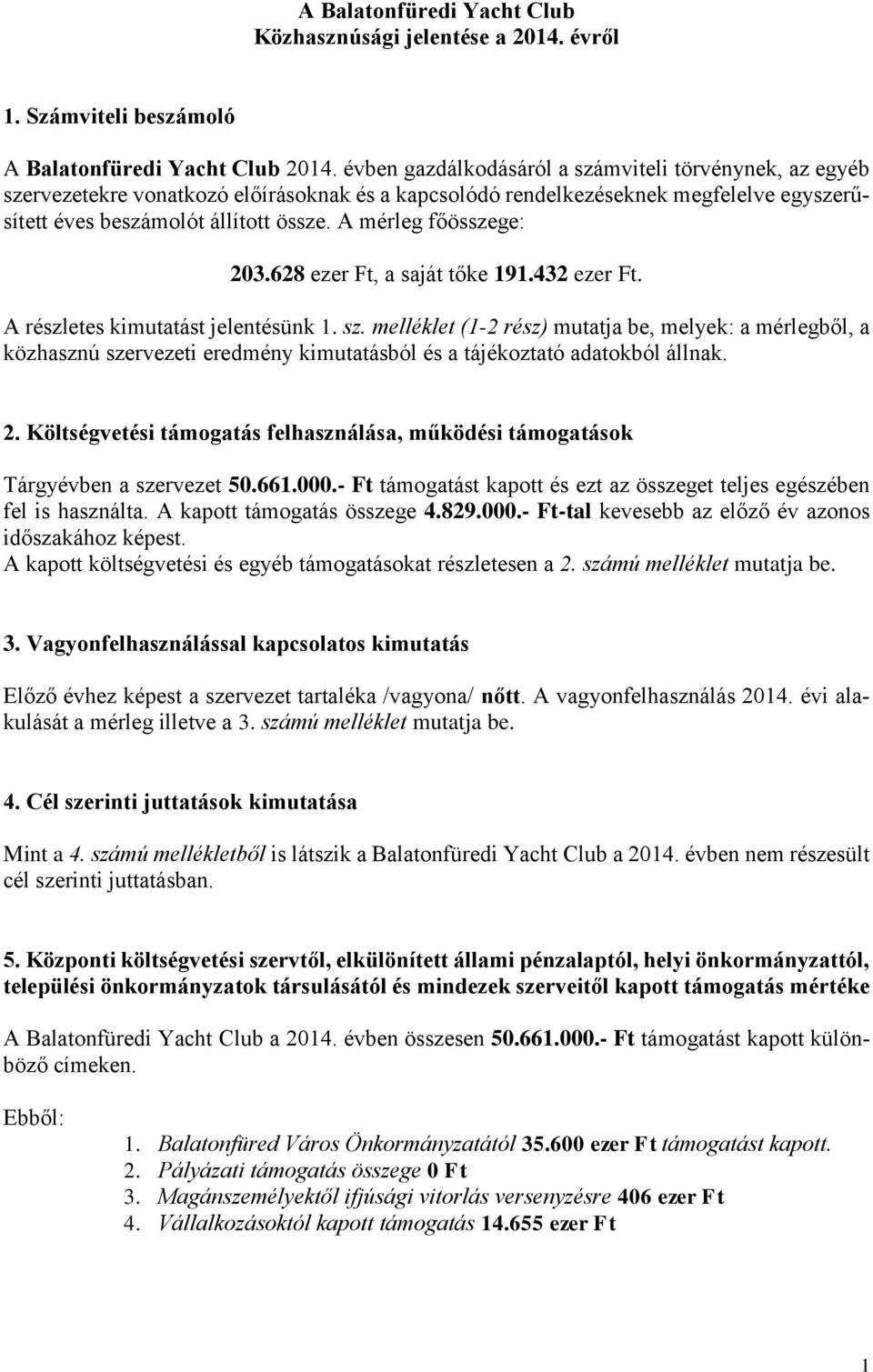 A mérleg főösszege: 203.628 ezer Ft, a saját tőke 191.432 ezer Ft. A részletes kimutatást jelentésünk 1. sz.