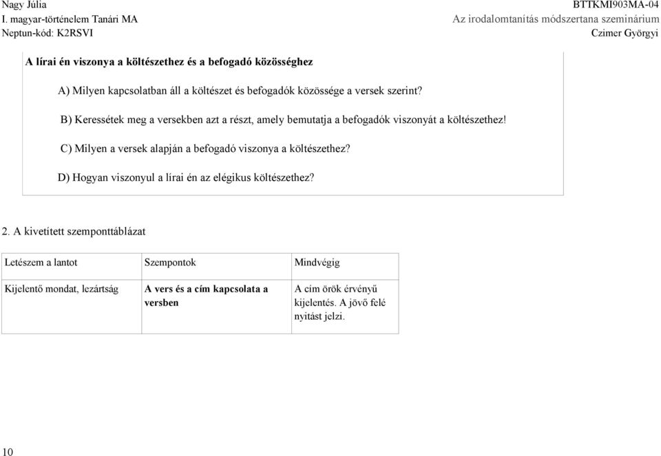 C) Milyen a versek alapján a befogadó viszonya a költészethez? D) Hogyan viszonyul a lírai én az elégikus költészethez? 2.